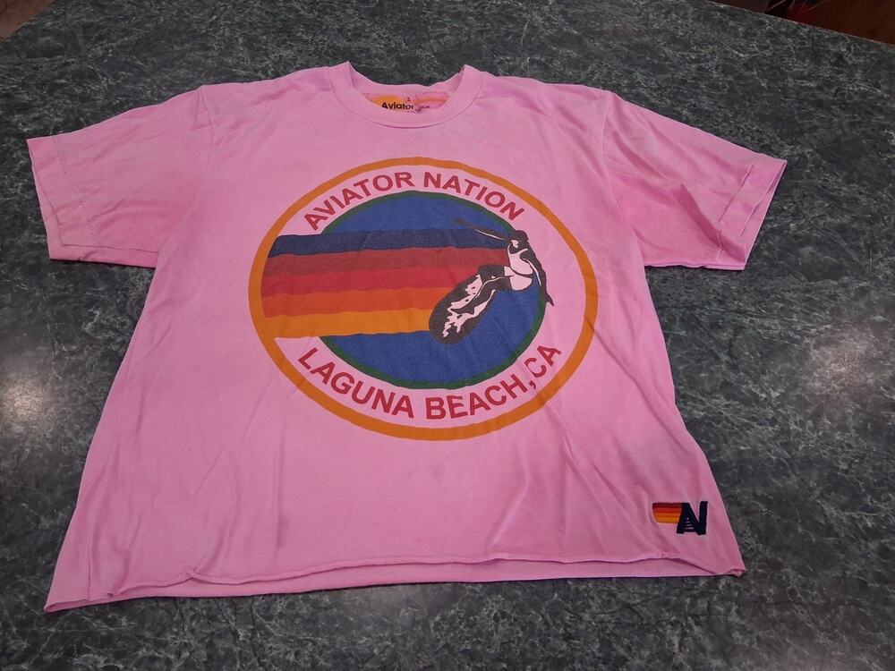 Aviator Nation Neon Pink Cropped Boyfriend Tee women's small Laguna Beach Flaw
